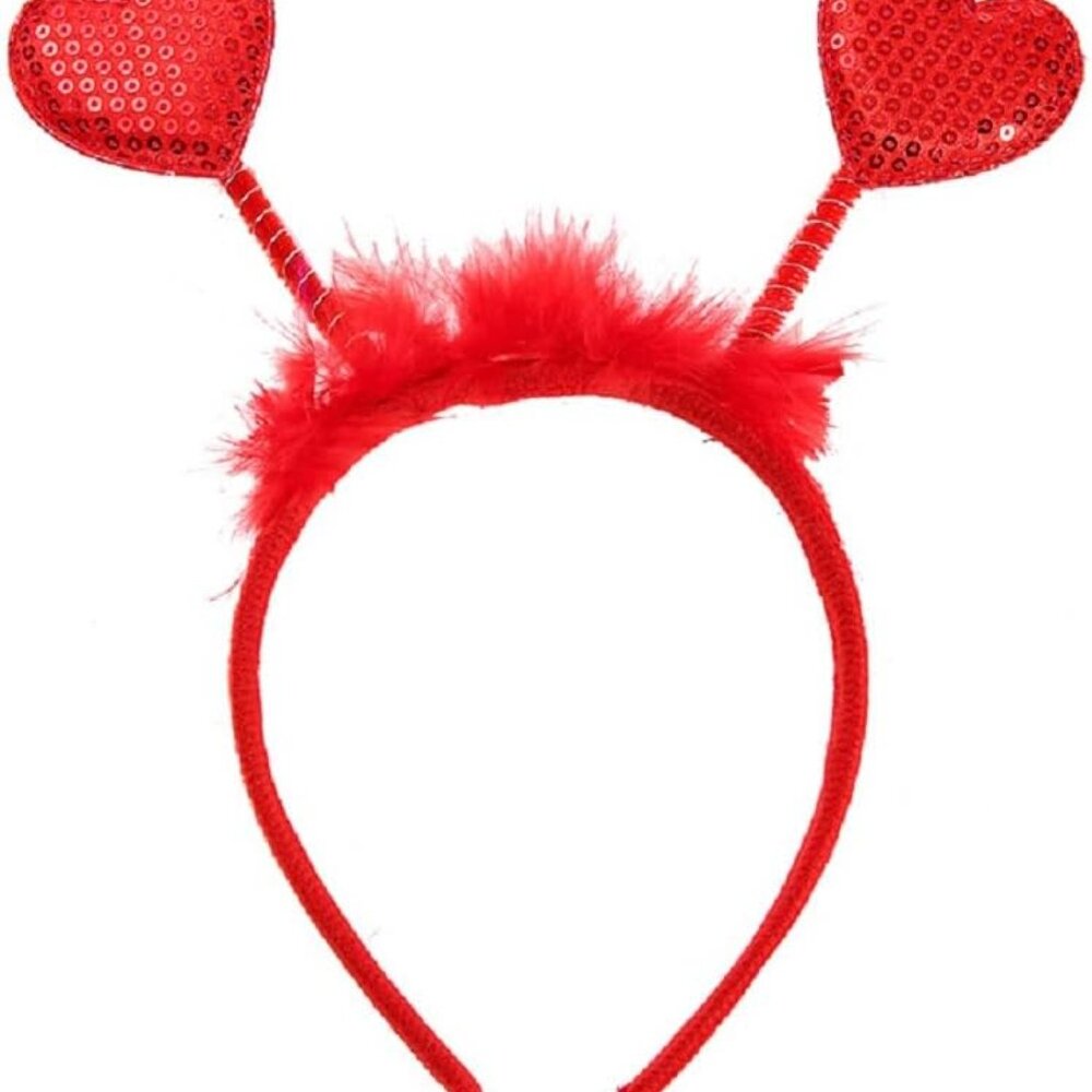 Headband Red Heart Hair Band Glitter Sequins Love Heart Design with Fluff Headba